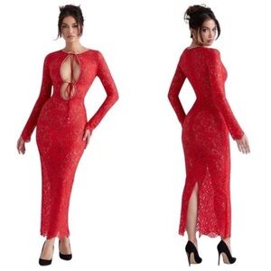 NEW House of CB Lisandra Lace Maxi Dress Red Crystal Trim Cutout Long Sleeve XS